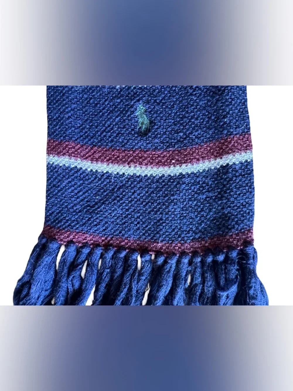 VTG POLO RALPH LAUREN 100% Merino Wool Striped Scarf Logo Blue Classic Luxe Prep